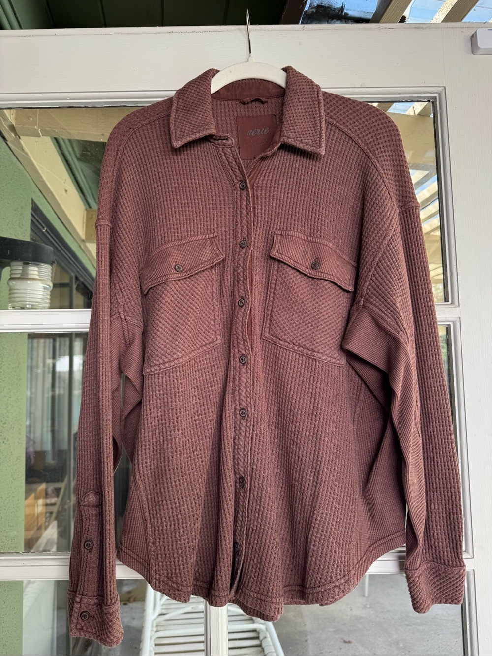 aerie Relaxed Rust/Brown Waffle-Knit Button-up Top - Picture 3 of 5
